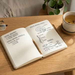 Mesa de trabalho de madeira com caderno aberto contendo diagramas do sistema nervoso, óculos de leitura e uma xícara de chá, representando o estudo do nervo vago.